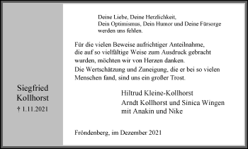 Traueranzeige von Siegfried Kollhorst von WVW Anzeigenblätter