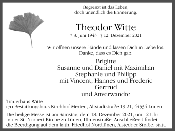 Traueranzeige von Theodor Witte von WVW Anzeigenblätter