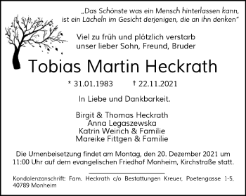 Traueranzeige von Tobias Martin Heckrath von WVW Anzeigenblätter