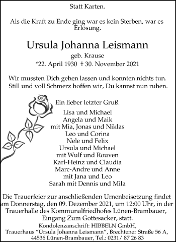 Traueranzeige von Ursula Johanna Leismann von WVW Anzeigenblätter