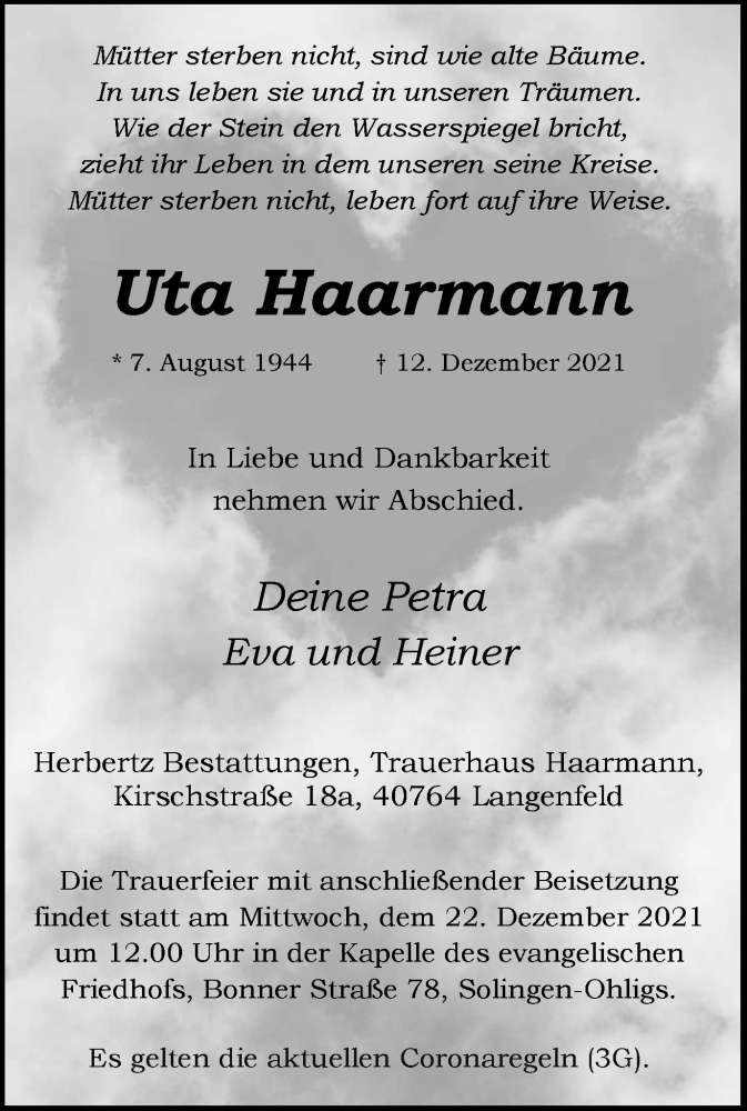  Traueranzeige für Uta Haarmann vom 18.12.2021 aus WVW Anzeigenblätter