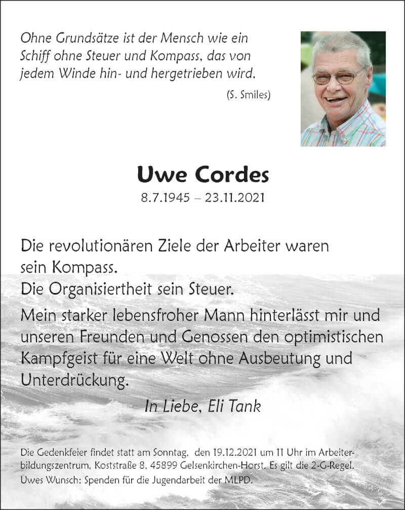  Traueranzeige für Uwe Cordes vom 11.12.2021 aus WVW Anzeigenblätter