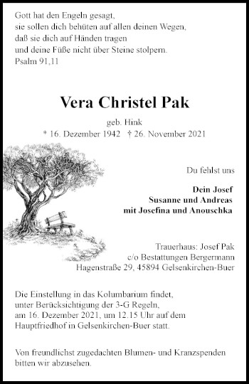 Traueranzeige von Vera Christel Pak von WVW Anzeigenblätter