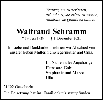Traueranzeige von Waltraud Schramm von WVW Anzeigenblätter