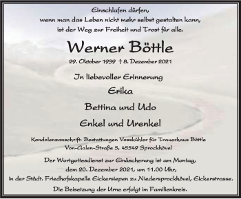 Traueranzeige von Werner Böttle von WVW Anzeigenblätter