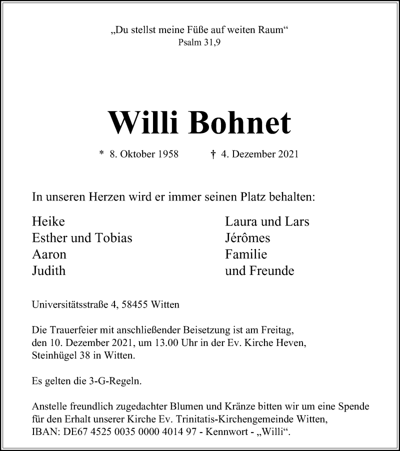  Traueranzeige für Willi Bohnet vom 08.12.2021 aus WVW Anzeigenblätter
