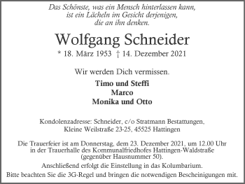 Traueranzeige von Wolfgang Schneider von WVW Anzeigenblätter