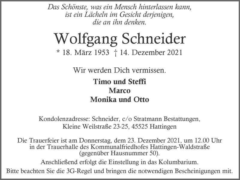  Traueranzeige für Wolfgang Schneider vom 18.12.2021 aus WVW Anzeigenblätter