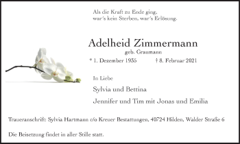 Traueranzeige von Adelheid Zimmermann von WVW Anzeigenblätter