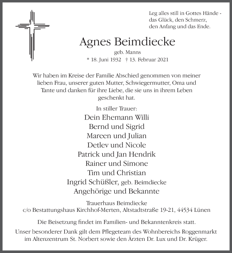  Traueranzeige für Agnes Beimdiecke vom 17.02.2021 aus WVW Anzeigenblätter