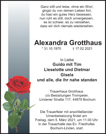 Traueranzeige von Alexandra Grotthaus von WVW Anzeigenblätter