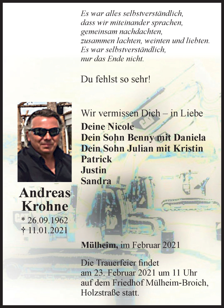  Traueranzeige für Andreas Krohne vom 17.02.2021 aus WVW Anzeigenblätter