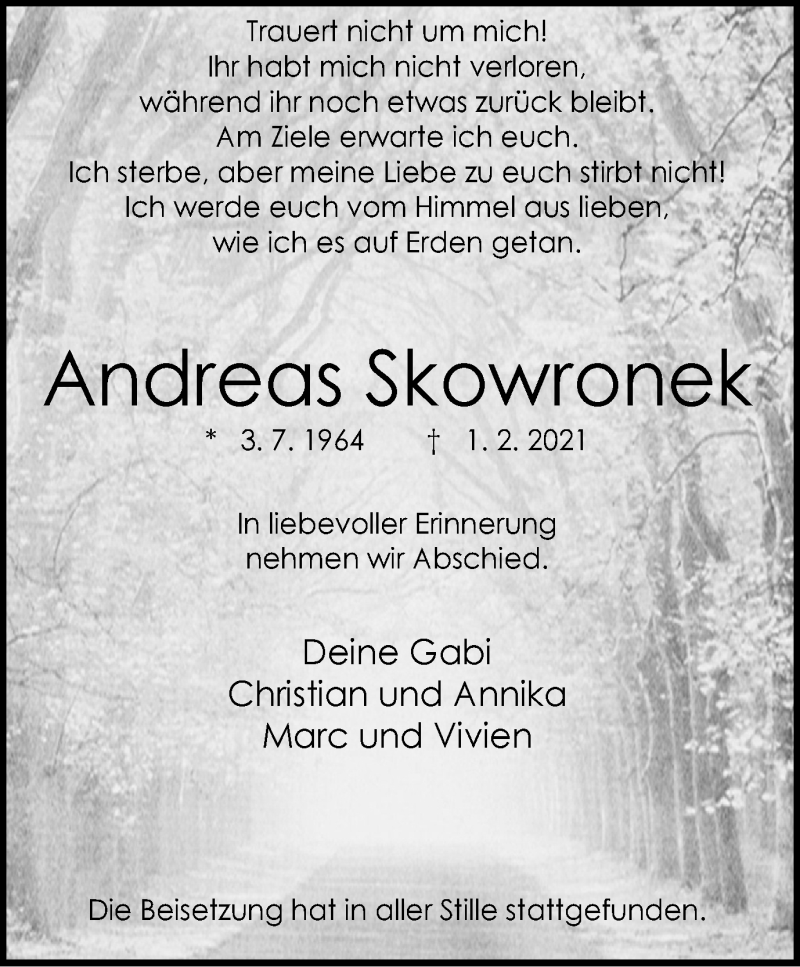  Traueranzeige für Andreas Skowronek vom 20.02.2021 aus WVW Anzeigenblätter