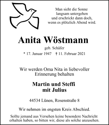 Traueranzeige von Anita Wöstmann von WVW Anzeigenblätter