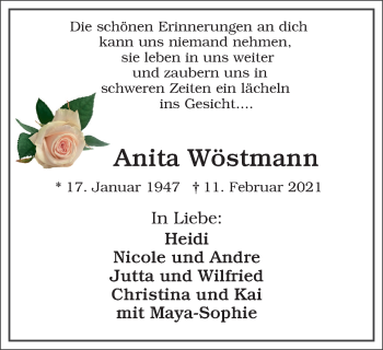 Traueranzeige von Anita Wöstmann von WVW Anzeigenblätter