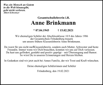 Traueranzeige von Anne Brinkmann von WVW Anzeigenblätter