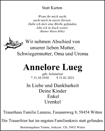 Traueranzeige von Annelore Lueg von WVW Anzeigenblätter