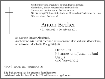 Traueranzeige von Anton Becker von WVW Anzeigenblätter