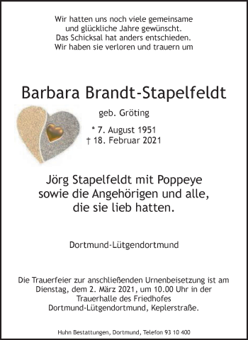 Traueranzeige von Barbara Brandt-Stapelfeldt von WVW Anzeigenblätter
