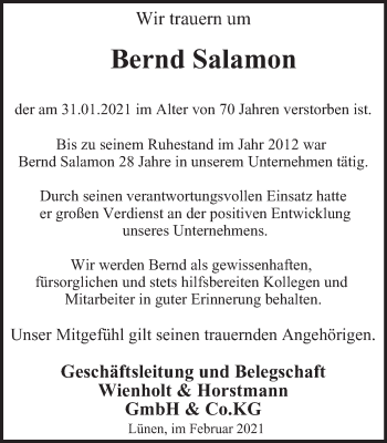 Traueranzeige von Bernd Salamon von WVW Anzeigenblätter