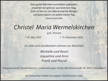 Traueranzeige von Christel Maria Wermelskirchen von WVW Anzeigenblätter