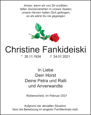 Traueranzeige von Christine Fankideiski von WVW Anzeigenblätter