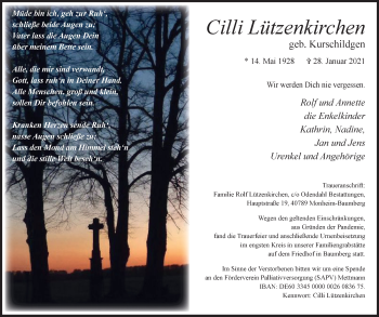 Traueranzeige von Cilli Lützenkirchen von WVW Anzeigenblätter