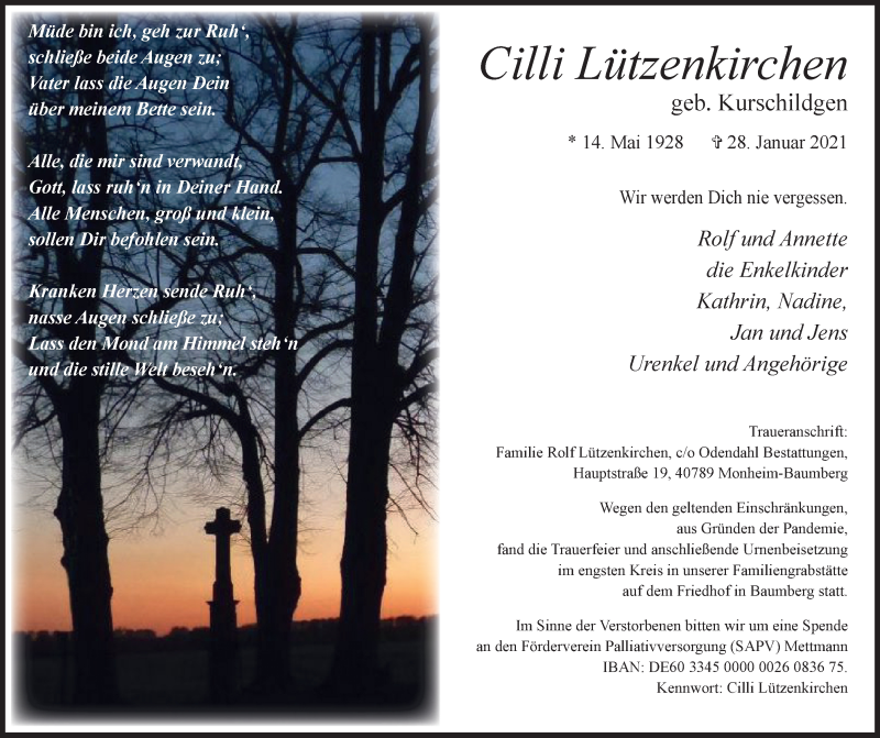  Traueranzeige für Cilli Lützenkirchen vom 20.02.2021 aus WVW Anzeigenblätter