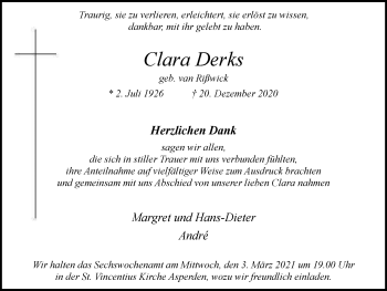 Traueranzeige von Clara Derks von WVW Anzeigenblätter