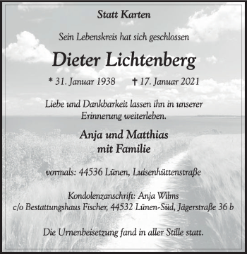 Traueranzeige von Dieter Lichtenberg von WVW Anzeigenblätter