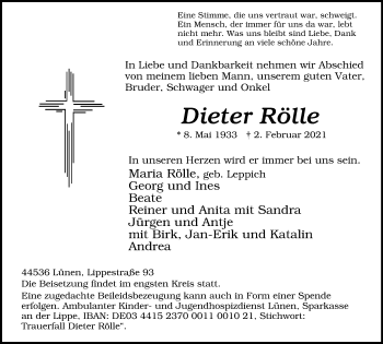 Traueranzeige von Dieter Rölle von WVW Anzeigenblätter