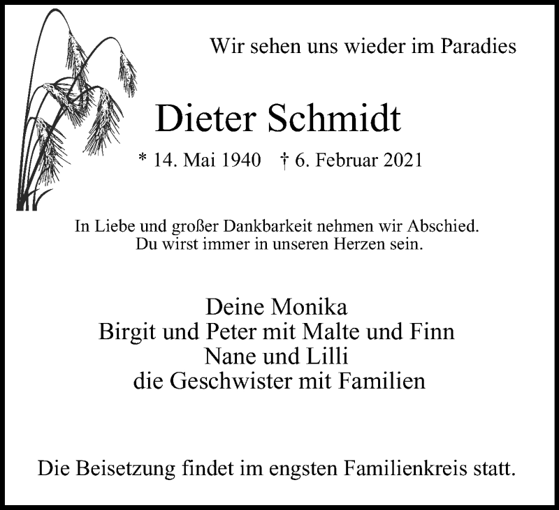  Traueranzeige für Dieter Schmidt vom 13.02.2021 aus WVW Anzeigenblätter