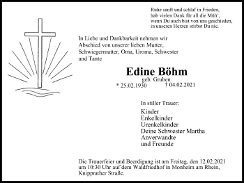 Traueranzeige von Edine Böhm von WVW Anzeigenblätter