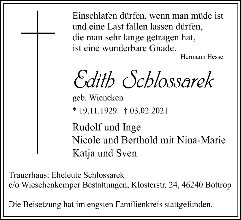  Traueranzeige für Edith Schlossarek vom 20.02.2021 aus WVW Anzeigenblätter