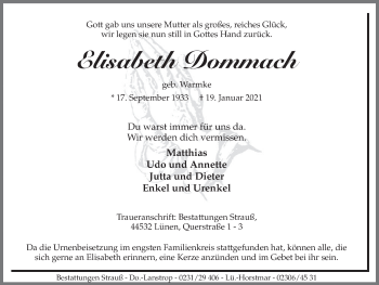 Traueranzeige von Elisabeth Dommach von WVW Anzeigenblätter