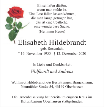 Traueranzeige von Elisabeth Hildebrandt von WVW Anzeigenblätter