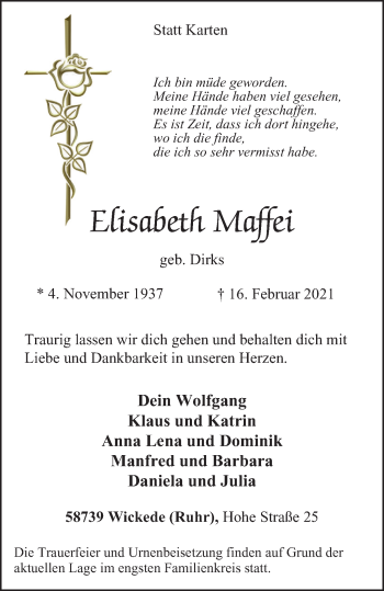 Traueranzeige von Elisabeth Maffei von WVW Anzeigenblätter