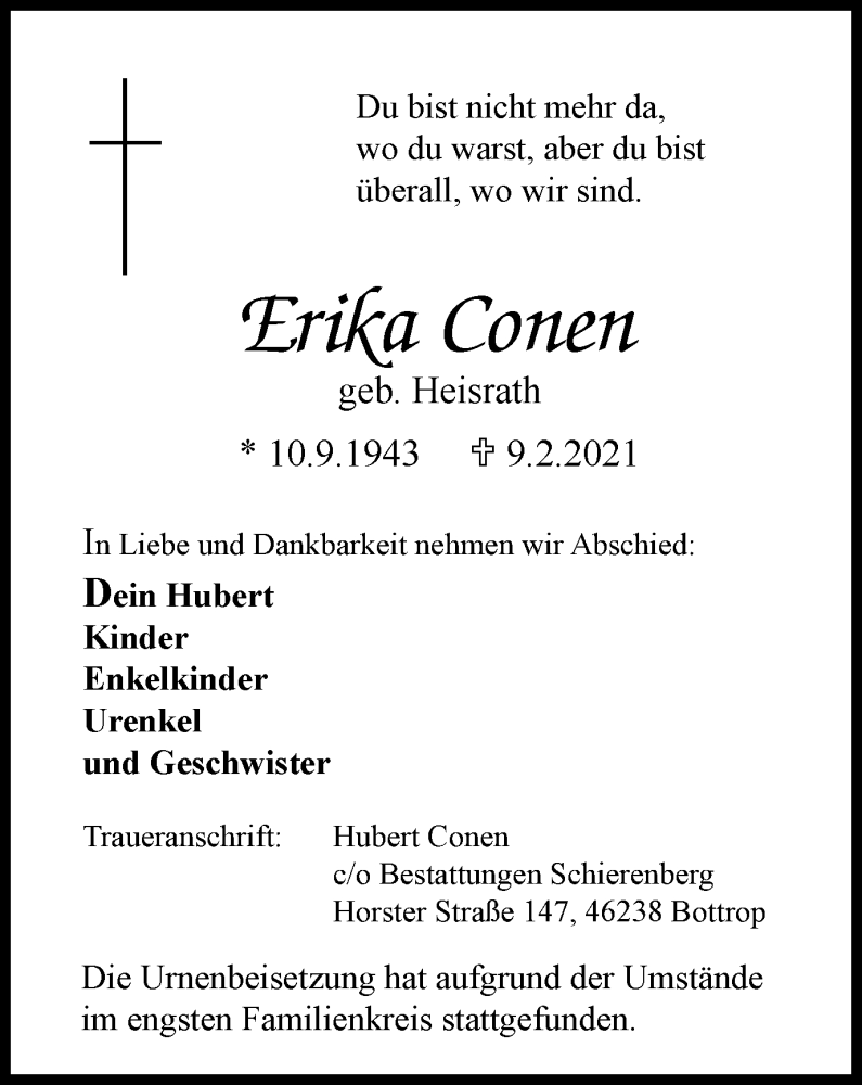  Traueranzeige für Erika Conen vom 27.02.2021 aus WVW Anzeigenblätter