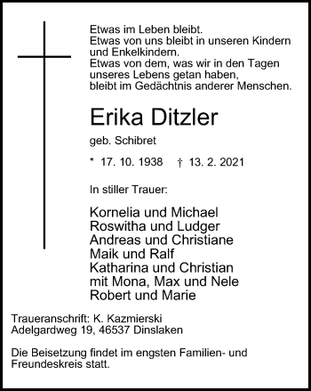 Traueranzeige von Erika Ditzler von WVW Anzeigenblätter