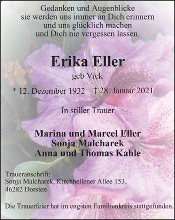 Traueranzeige von Erika Eller von WVW Anzeigenblätter