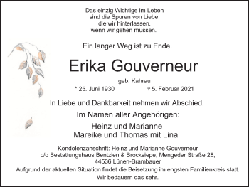 Traueranzeige von Erika Gouverneur von WVW Anzeigenblätter