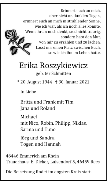 Traueranzeige von Erika Roszykiewicz von WVW Anzeigenblätter