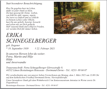Traueranzeige von Erika Schnegelberger von WVW Anzeigenblätter