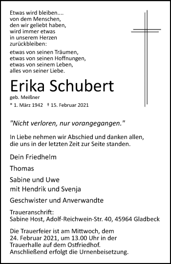 Traueranzeige von Erika Schubert von WVW Anzeigenblätter