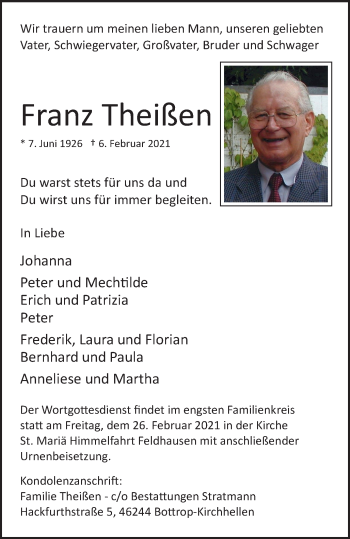 Traueranzeige von Franz Theißen von WVW Anzeigenblätter