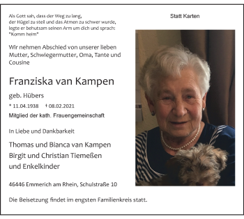 Traueranzeige von Franziska van Kampen von WVW Anzeigenblätter