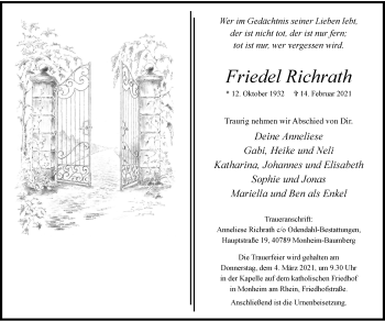 Traueranzeige von Friedel Richrath von WVW Anzeigenblätter