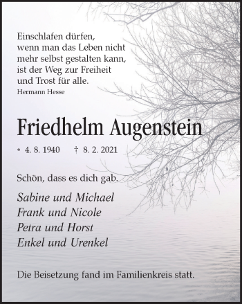 Traueranzeige von Friedhelm Augenstein von WVW Anzeigenblätter