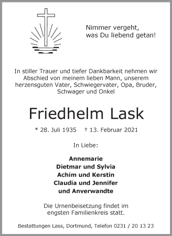 Traueranzeige von Friedhelm Lask von WVW Anzeigenblätter
