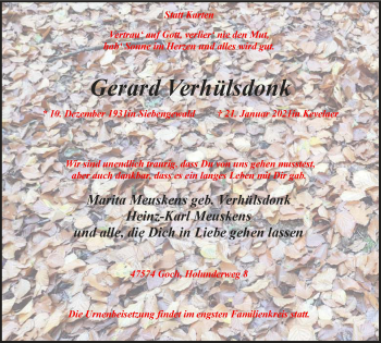 Traueranzeige von Gerard Verhülsdonk von WVW Anzeigenblätter